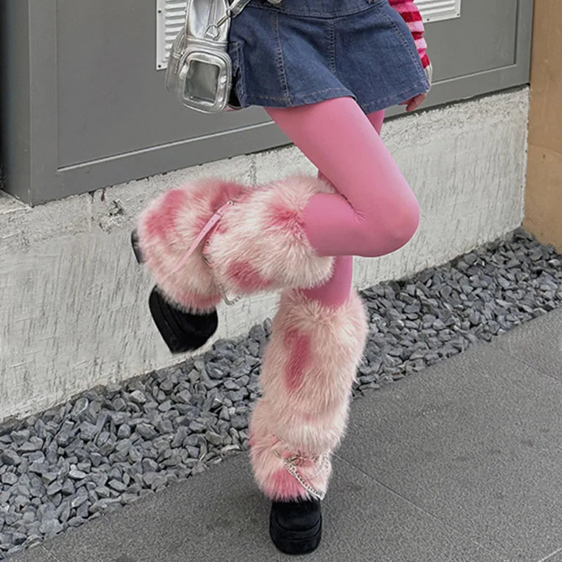 Winter Leopard Print Faux Fur Leg Warmers – Y2K Plush Punk Chain PU Belt, Harajuku Thickened Boots Cover, Fluffy Socks Leg warmer LUNARITY GARAGE