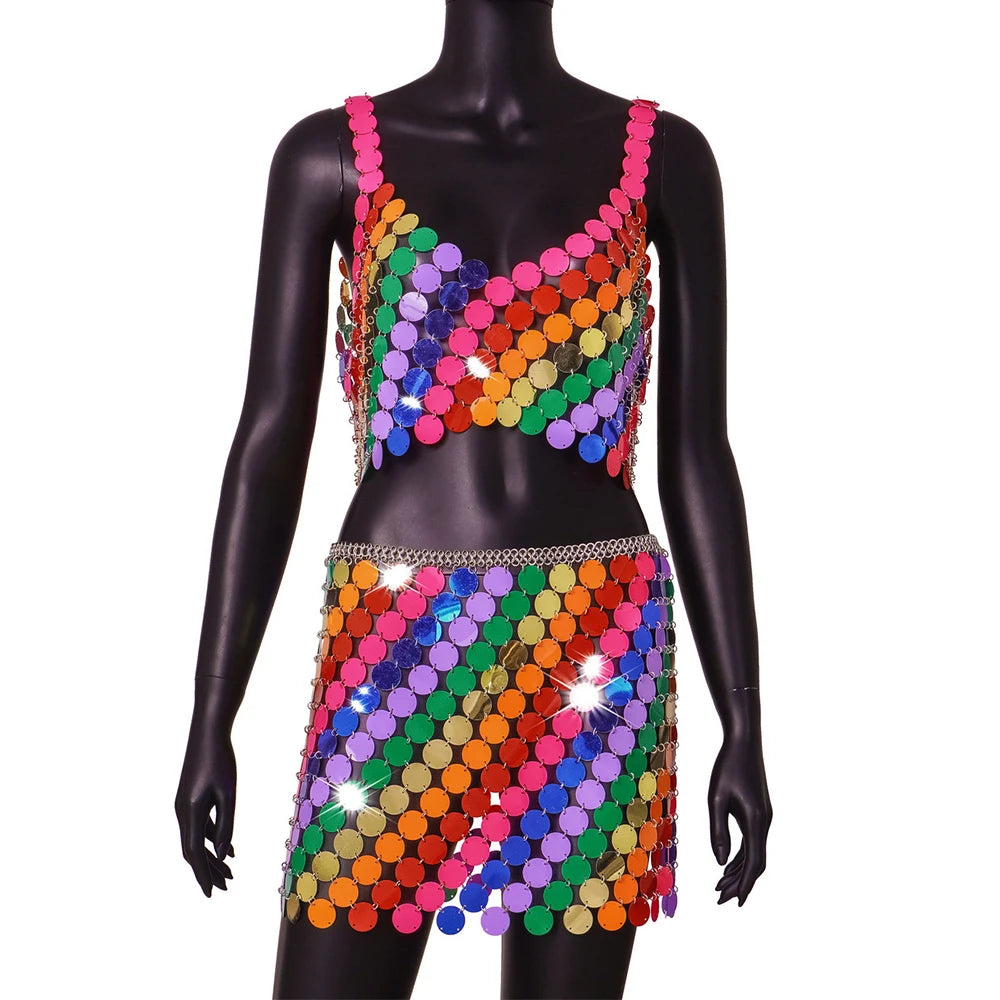 Colorful Glitter Sequins Camisole with Hollow Out Skirt Bikini Bra Chain | 2025 Summer Nightclub Party Jewelry Clothing Set LUNARITY GARAGE