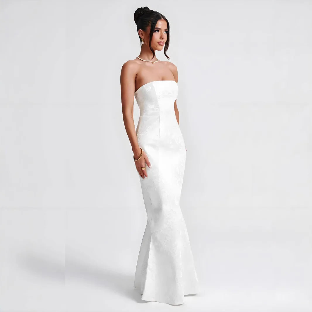 Elegant Floral Embroidery Strapless Bodycon Maxi Dress | Off-Shoulder Evening & Night Club Dress LUNARITY GARAGE