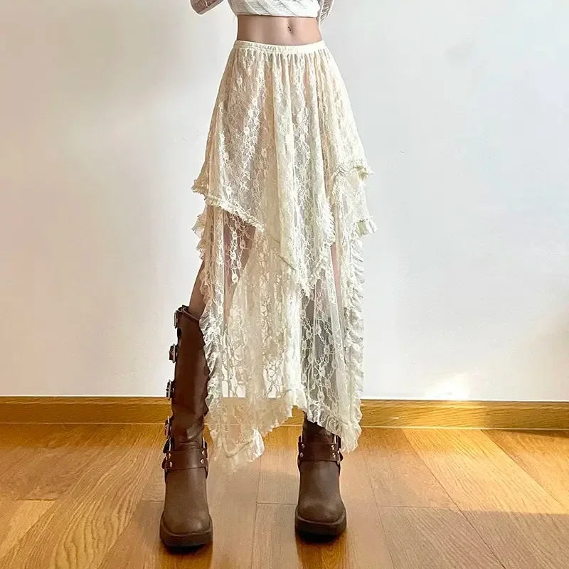 Lace Asymmetrical Skirt Fairycore Women Vintage Y2K Boho Aesthetic Fashion High Waist Mid Skirts Lady Holiday Outfits skirt LUNARITY GARAGE