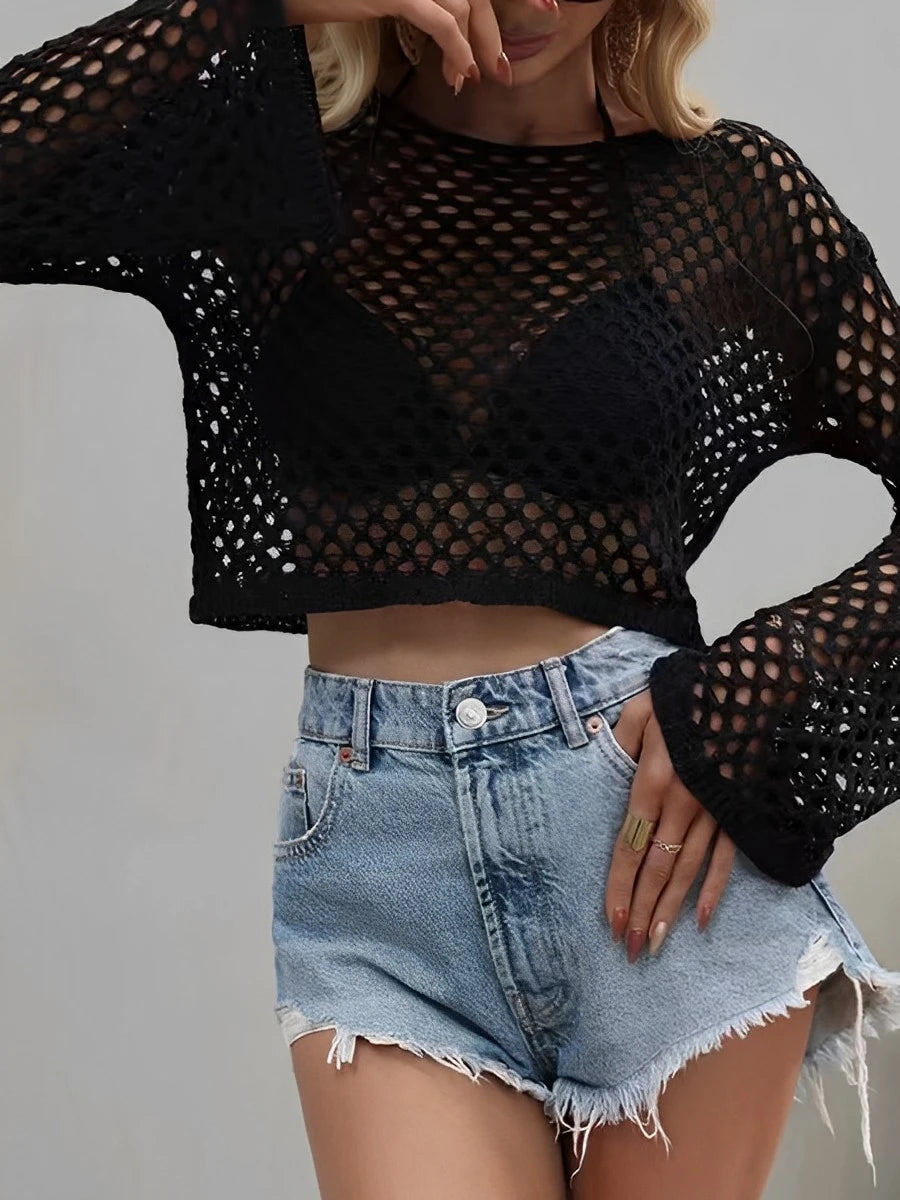 Mesh Crochet Beach Shirt Women Solid Cover Up - Sexy Long Sleeve Tops 2025 Swimwear Bathing Suit cover up LUNARITY GARAGE
