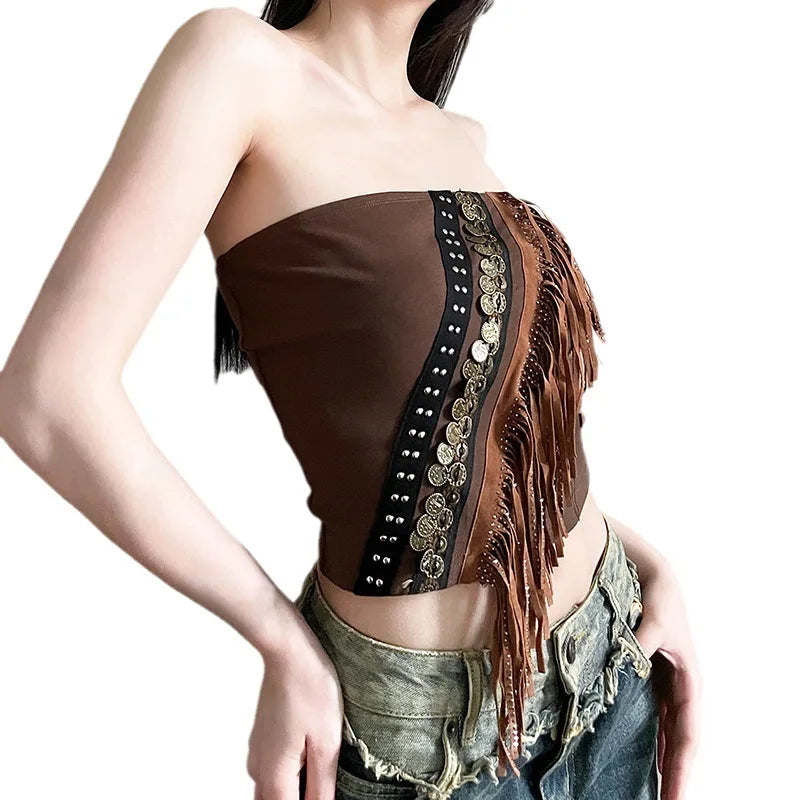 Exotic Ethnic Style Strapless Fringed Top with Metal Retro Decoration – Slim Fit Indie Folk Y2K Tank Tops LUNARITY GARAGE