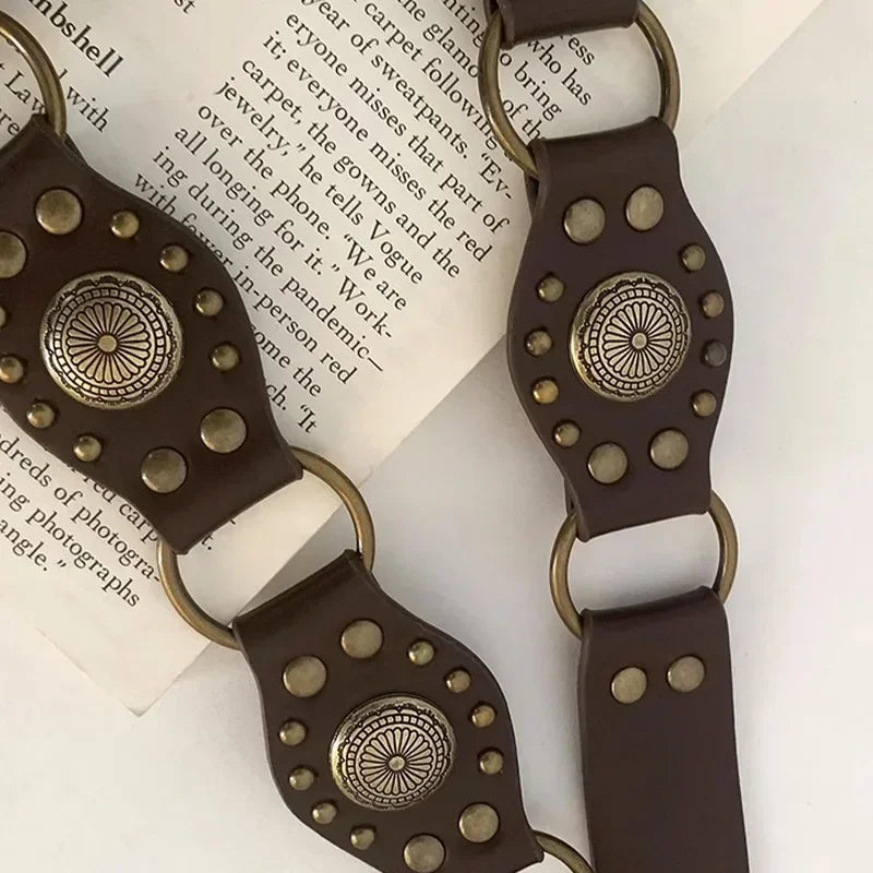 Vintage Circle Rivet Wide Belt - Cowboy Hollow PU Girdle Punk Metal Buckle belt LUNARITY GARAGE