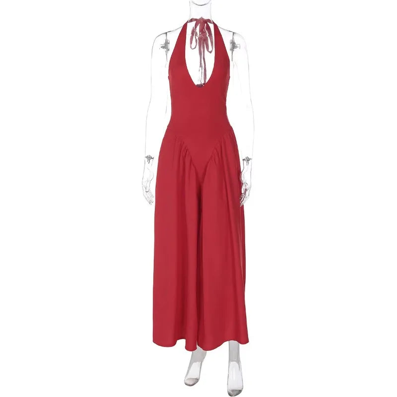 Backless Deep V Spliced Long Dress | Summer Women's Sexy Party & Halter Fashion Slim White Sleeveless Dress Dress LUNARITY GARAGE Red S