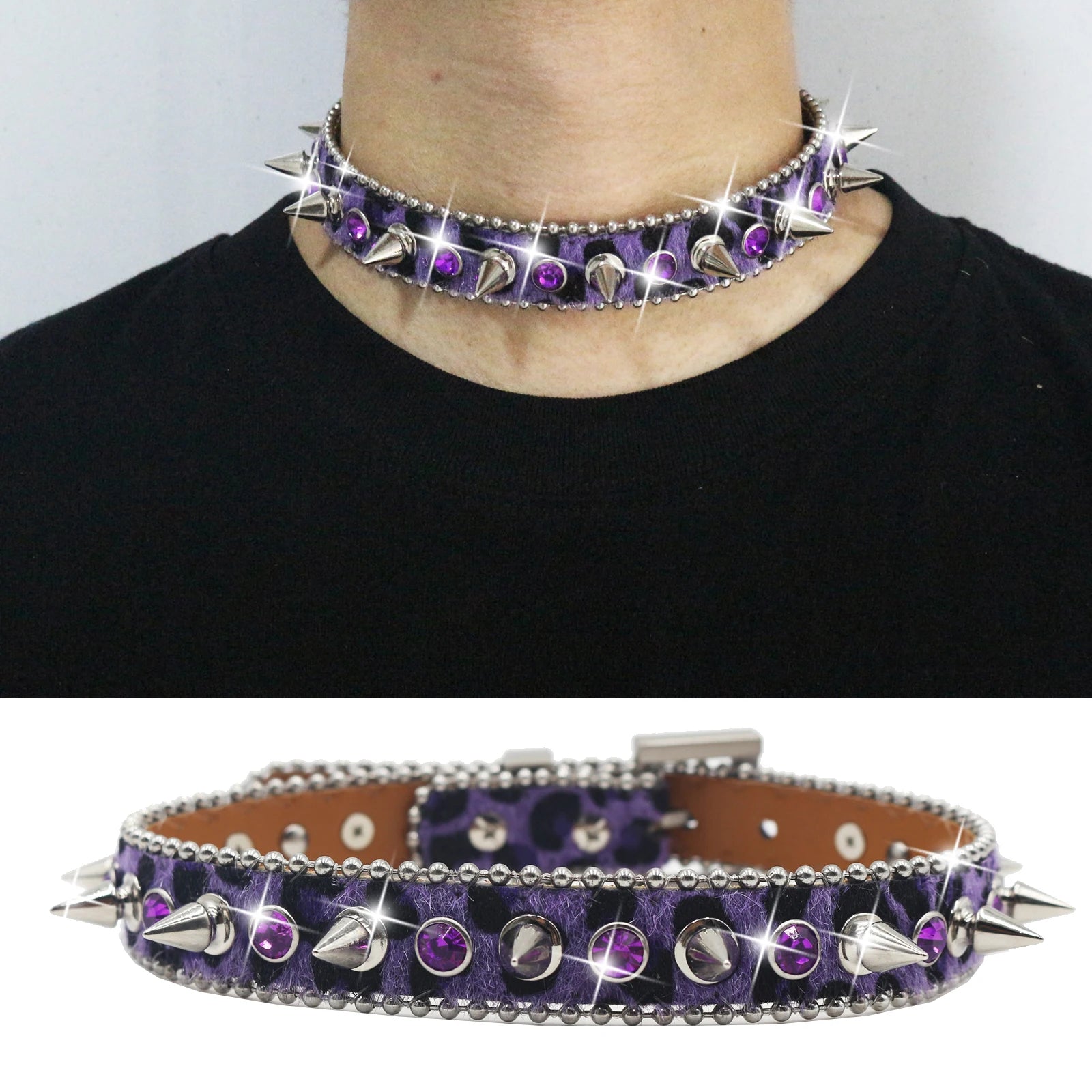 Gothic Leopard Rivet Rhinestone Choker – Y2K Steampunk Party Collar choker LUNARITY GARAGE 50cm Purple