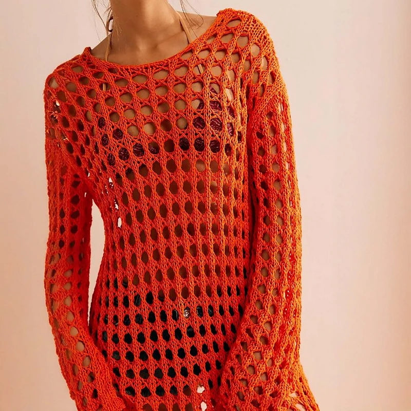Hollow Out Knit Maxi Beach Dress covers up LUNARITY GARAGE