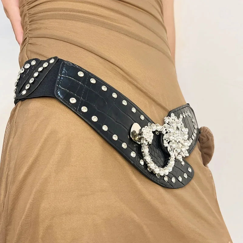 Sexy Rhinestone Flower Belt - Vintage Punk Metal Buckle Y2K Wide Waistband Belt LUNARITY GARAGE