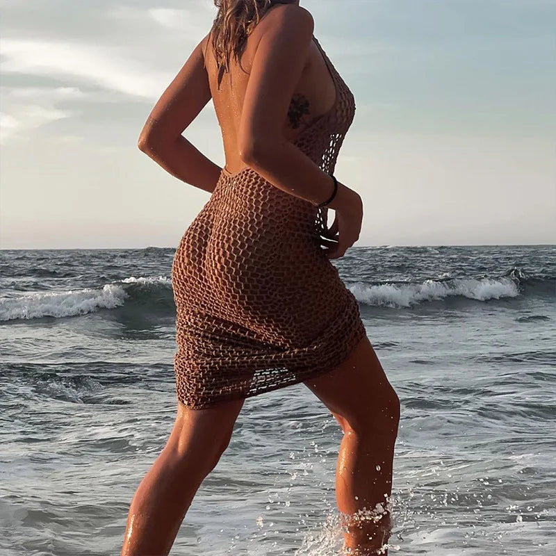 Mesmerizing Mesh: The Sexy Halter Neck Side Split Beach Dress cover up LUNARITY GARAGE