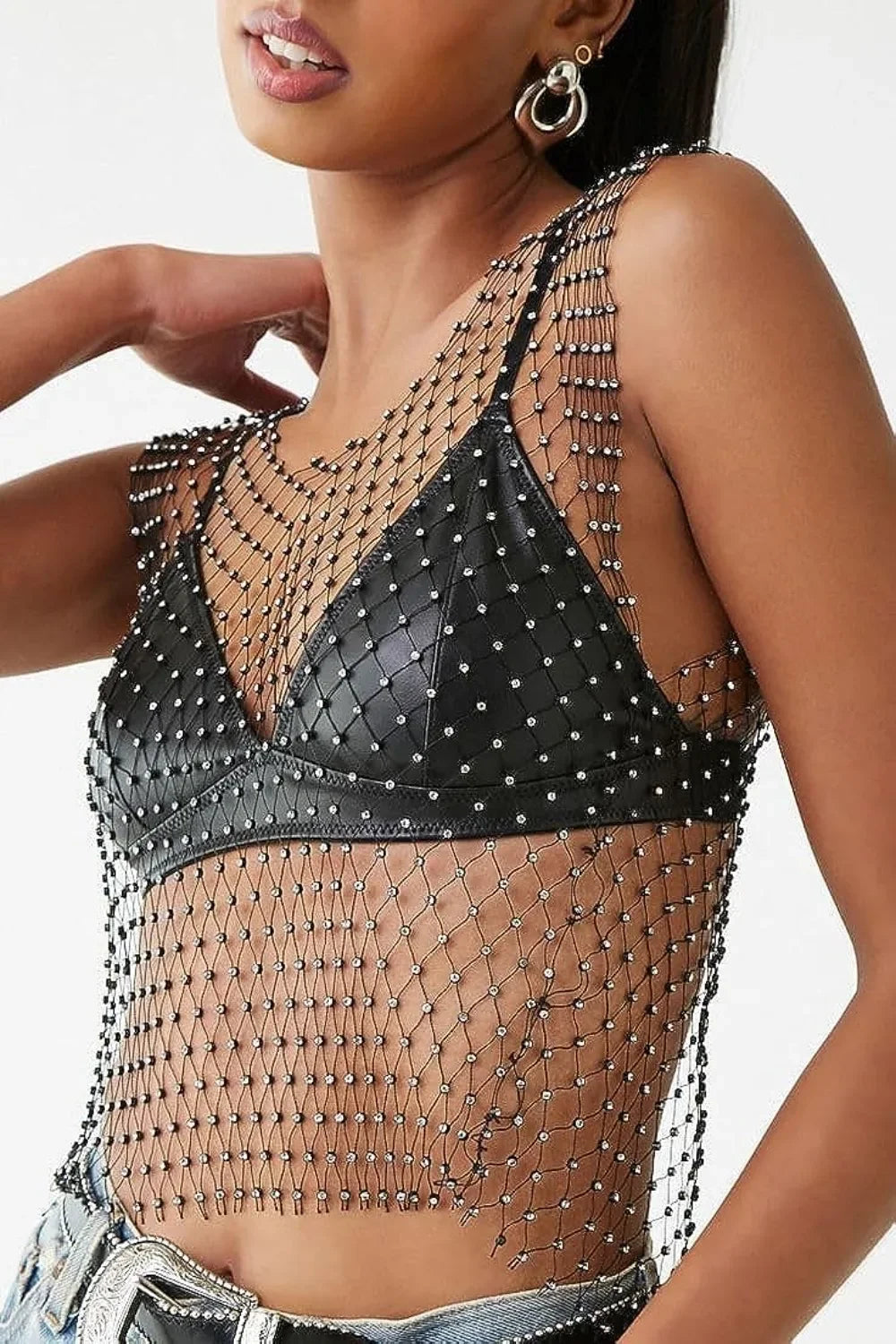 Sexy Shiny Rhinestone Fishnet Women Y2K Tank Tops See Through Crop Top Summer Beach Cover Up Tops Party Nightclub Women Clothing LUNARITY GARAGE