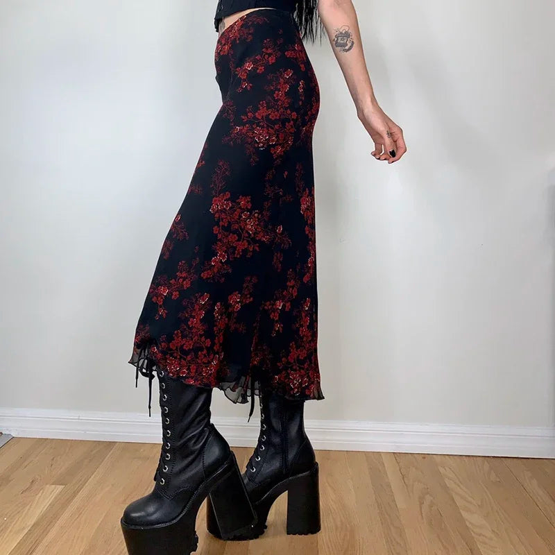 Combhasaki Women's Y2K Retro Vintage Floral Printed High Waist Ruffled Elegant Elastic Waist Long Skirts Street Style Bottoms skirt LUNARITY GARAGE