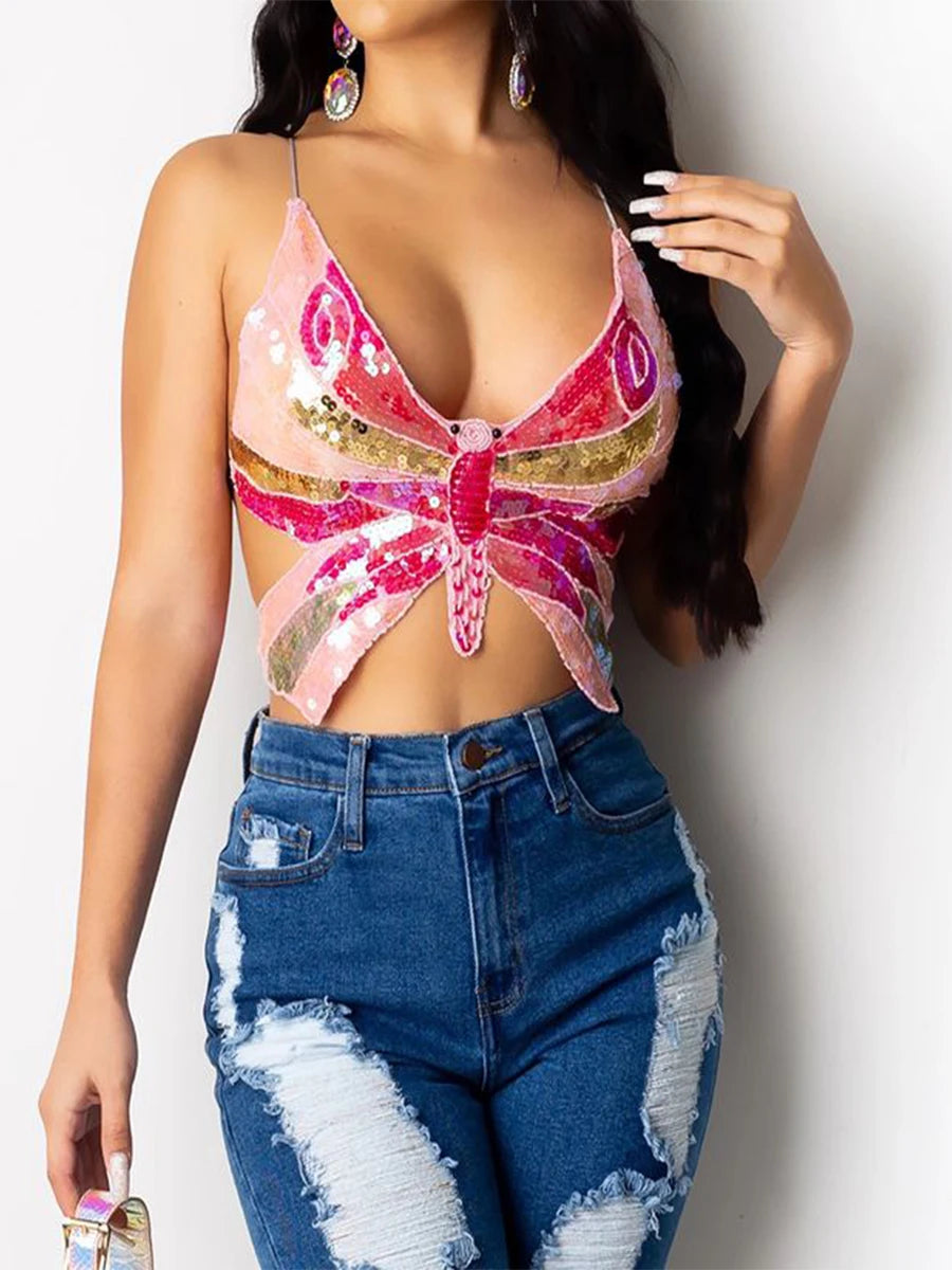 Y2K Pink Butterfly Halter Crop Top – Dazzle in Style LUNARITY GARAGE