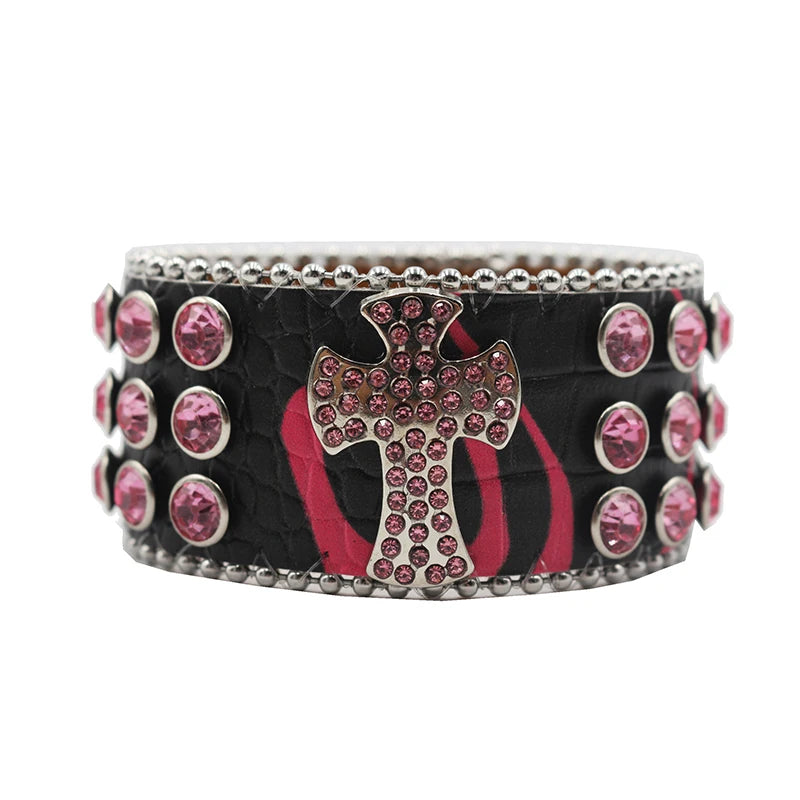 Punk Style Shiny Cross Rhinestone Bracelet Bracelets LUNARITY GARAGE HW-Pink