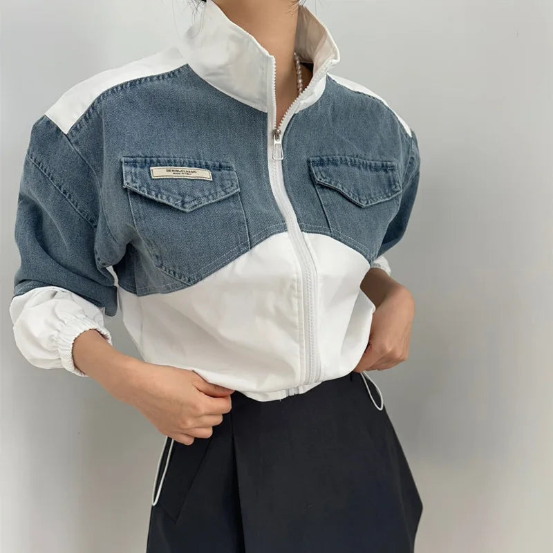 American Vintage Stand Collar Denim Jacket – Y2K Loose Fit for Autumn & Winter Jackets Lunarity Garage