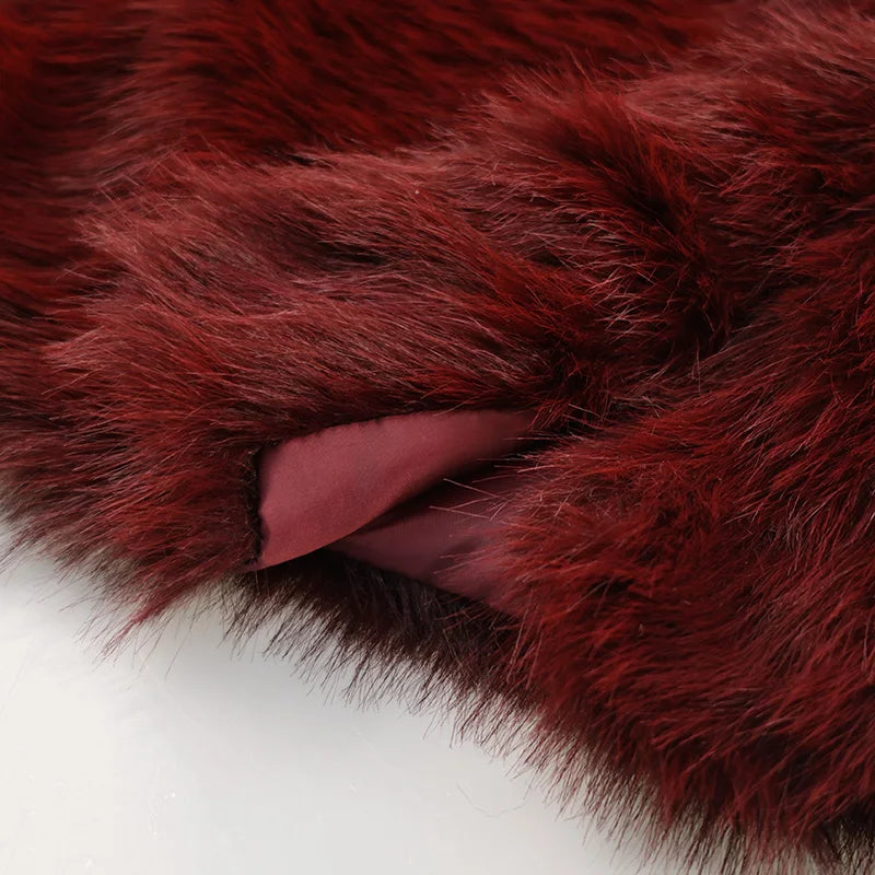 Burgundy Faux Fur Coat Vintage Long Sleeve Furry Warm Jackets Jackets LUNARITY GARAGE