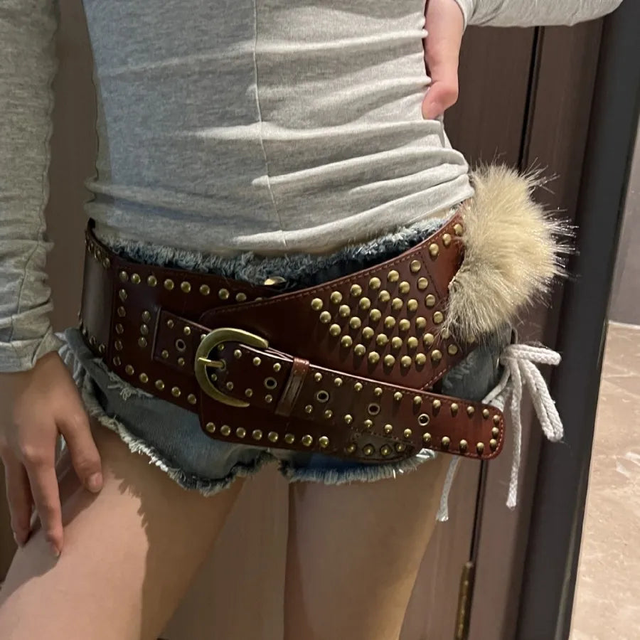 Punk Studded Fur Belt - Vintage Cowgirl Y2K Gothic Waistband for Night Club Dress Belt LUNARITY GARAGE