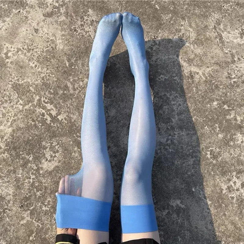 Fashion Glitter Stockings Retro Oil Shiny Thigh High Stockings 12D Ultra Thin Transparent Pantyhose Women Girl LUNARITY GARAGE Blue One Size