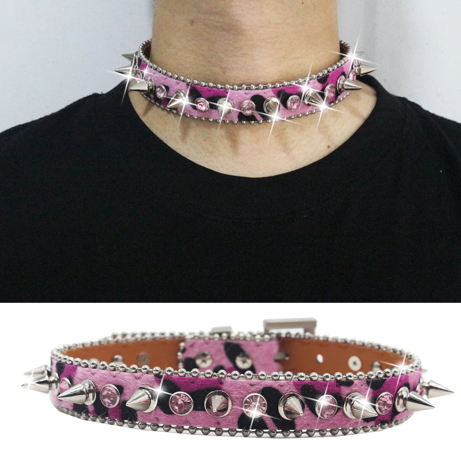 Gothic Leopard Rivet Rhinestone Choker – Y2K Steampunk Party Collar choker LUNARITY GARAGE 50cm Pink