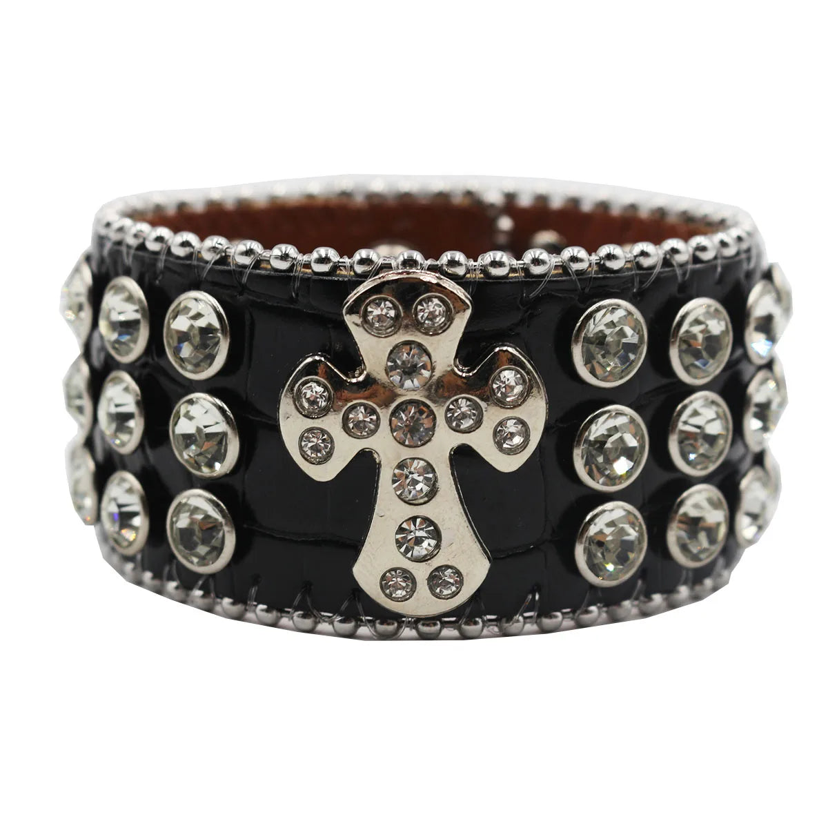 Designer PU Leather Rhinestone Cross Bracelet – Western Bling Statement Piece Bracelets LUNARITY GARAGE Black