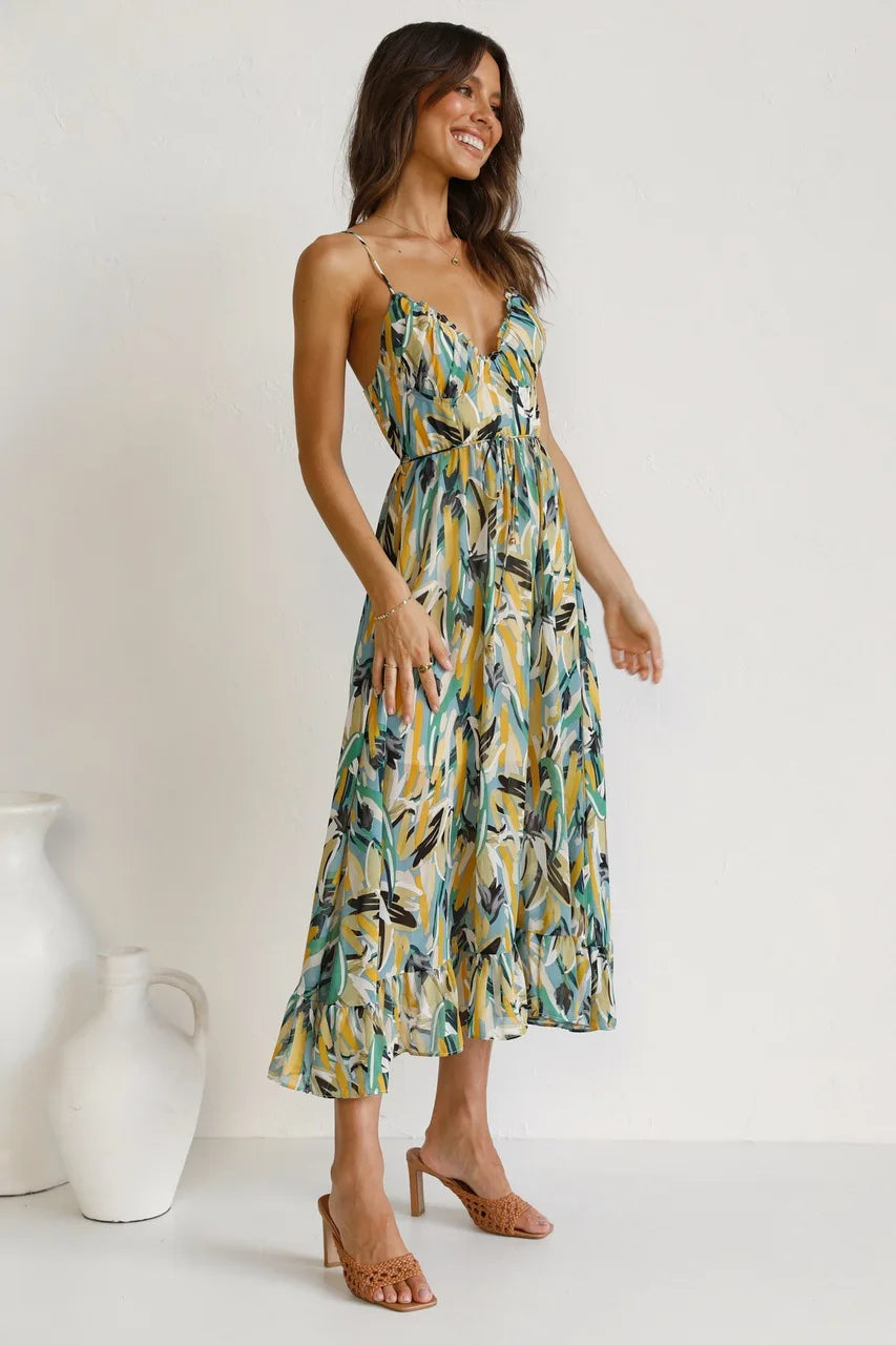 Bohemian Floral Print Mid-Calf Dress - Spaghetti Strap Sexy Casual Sundress Dress LUNARITY GARAGE