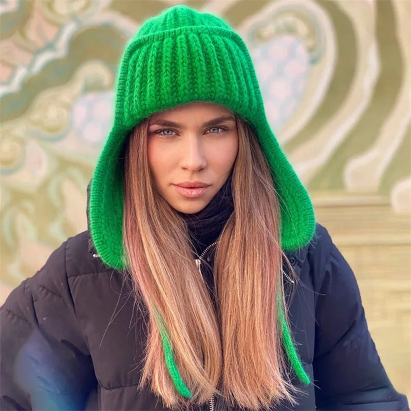 Winter Ladies Knitted Bomber Hat – Cozy Ear Protection for the Cold Season Hats Lunarity Garage Green One Size