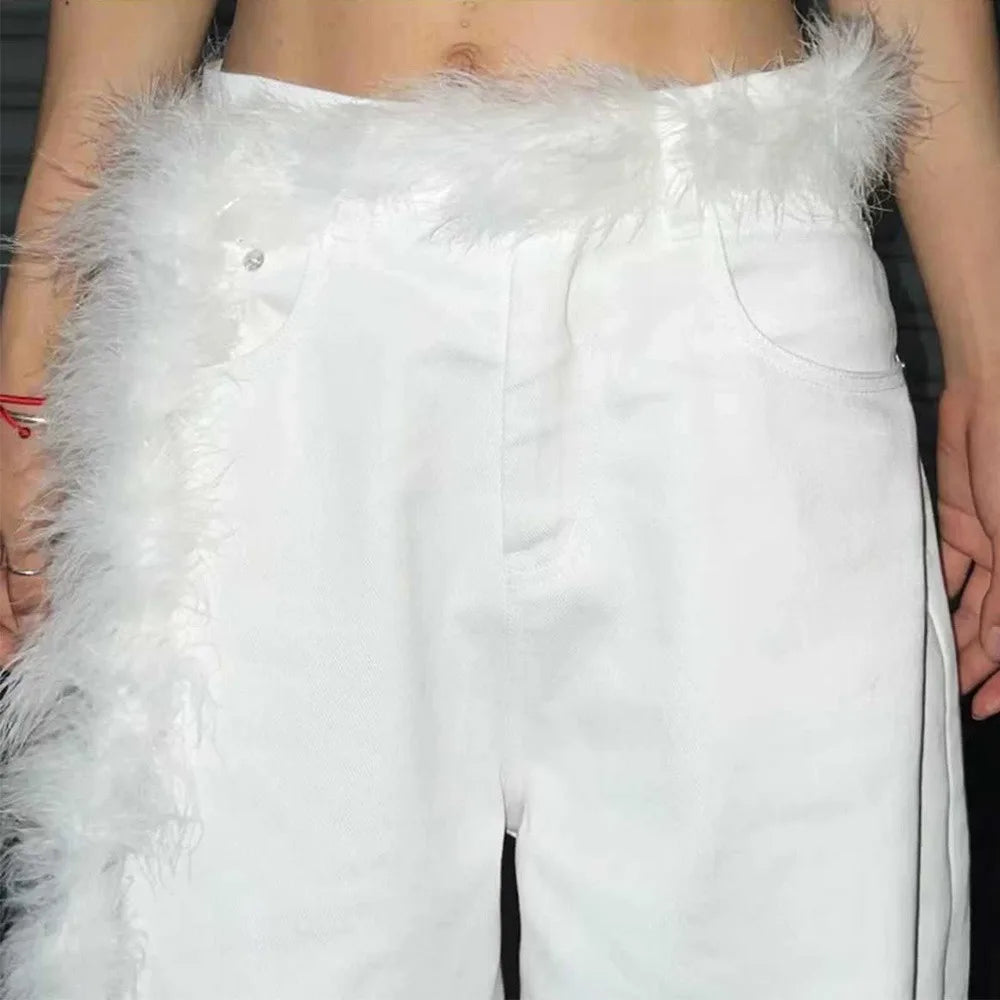 Y2K Punk Plush Fur Belt - Soft Fluffy Waist Chain for Hip Hop & Street Style Belt LUNARITY GARAGE White