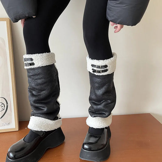 Punk Thickened Lamb’s Wool Suede Leg Warmers – Y2K Winter Knee Warmers with Plush Fur Ball Detail Leg Warmers LUNARITY GARAGE Long Buckle 45-50cm