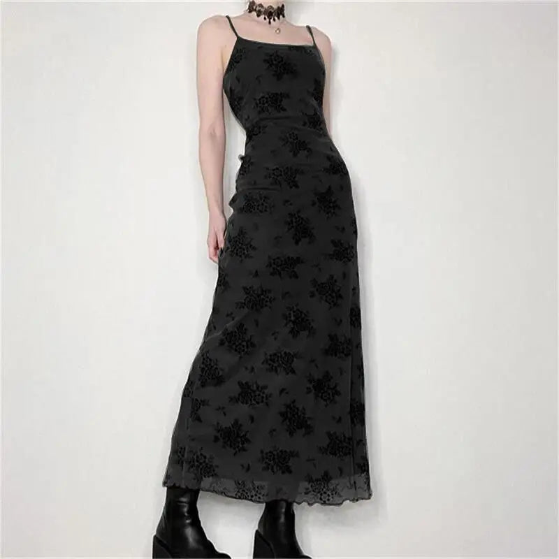 Gothic Black Summer Dress Women Streetwear Lolita Floral Print Sleeveless Mesh Patchwork Sexy Dress Party Club Elegant Dresses dress LUNARITY GARAGE