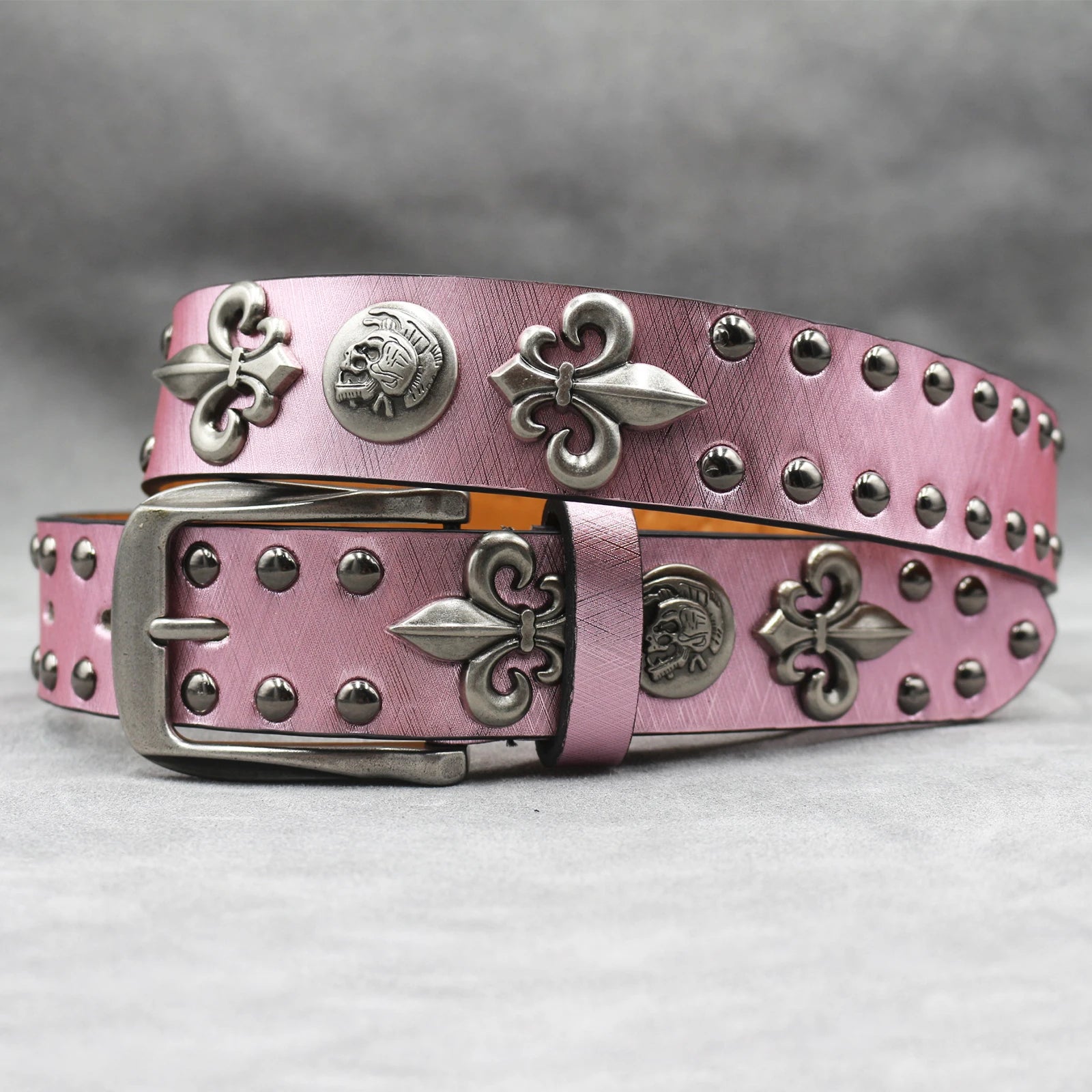 Y2K Leather Rivet Belt – Golden Cross Studded Rock Style belt LUNARITY GARAGE Pink 105CM