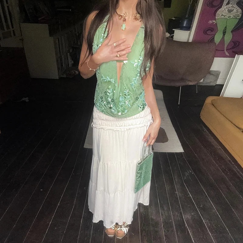 Sequin Mesh Plunge Halter Crop Top - Sexy Backless Party Tank Tank top LUNARITY GARAGE