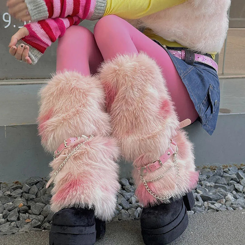 Winter Leopard Print Faux Fur Leg Warmers – Y2K Plush Punk Chain PU Belt, Harajuku Thickened Boots Cover, Fluffy Socks Leg warmer LUNARITY GARAGE