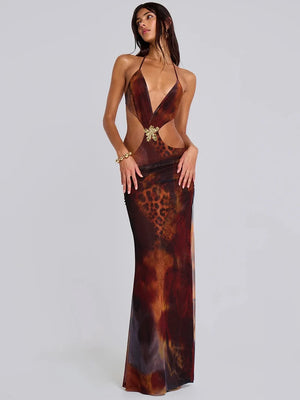 Tie Dye Print Cut Out Maxi Dress | Plunging Backless Mesh Long Dress for Summer Beach Parties Dress LUNARITY GARAGE Brown S