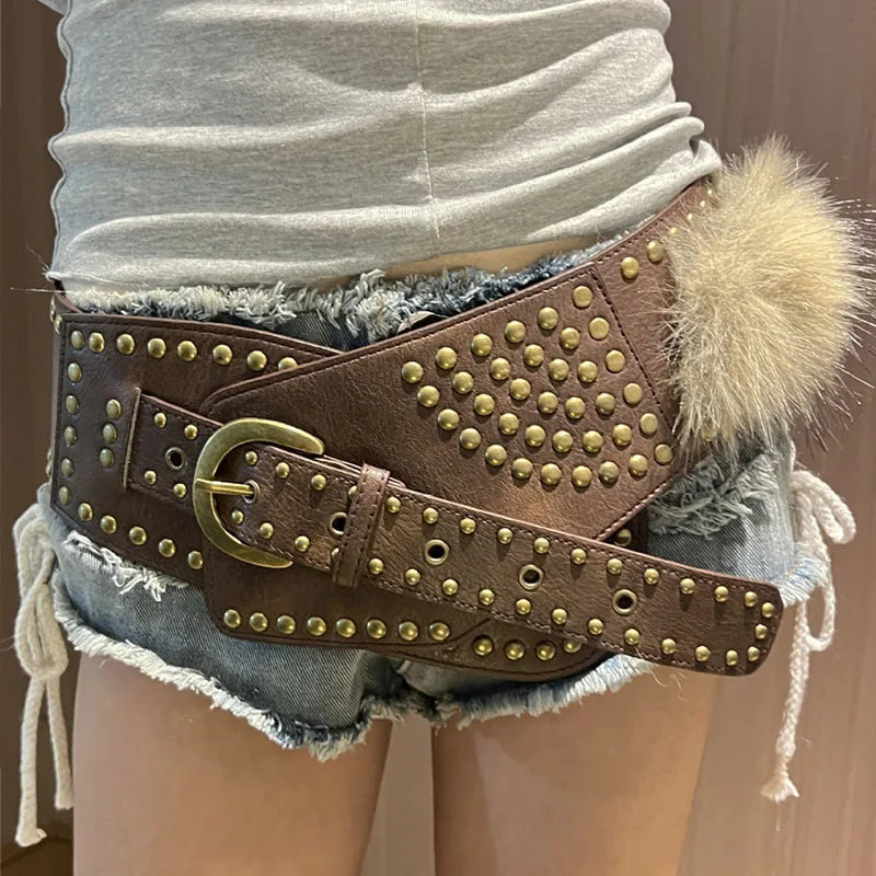 Punk Studded Fur Belt - Vintage Cowgirl Y2K Gothic Waistband for Night Club Dress Belt LUNARITY GARAGE