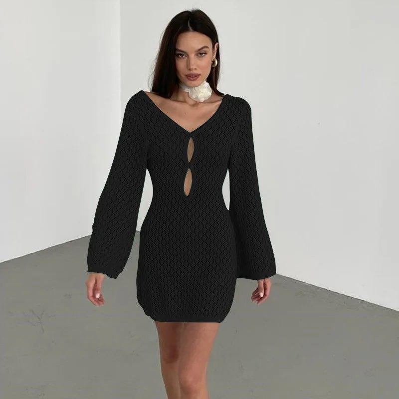 Long Sleeve Cut Out Backless Crochet Knitted Tunic | Beach Cover-Up Dress for Women cover up LUNARITY GARAGE Black S