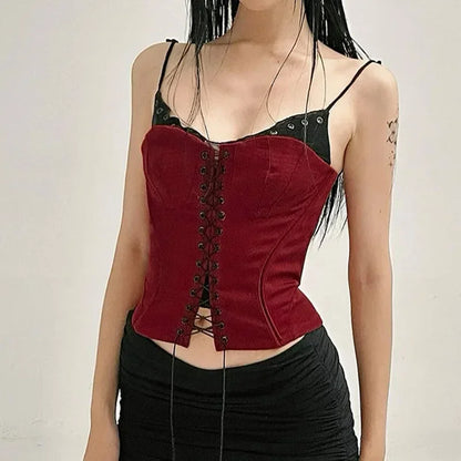 Bandage Patchwork Red Camis Top – Y2K Gothic Slim Streetwear crop top LUNARITY GARAGE