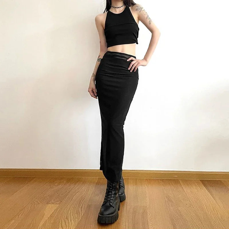 Y2K Black Long Skirts Women Harajuku Sexy Mesh Patchwork Wrap Skirt Summer Gothic Korean High Waist Slim A Line Faldas New skirt LUNARITY GARAGE