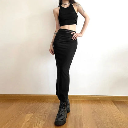 Y2K Black Long Skirts Women Harajuku Sexy Mesh Patchwork Wrap Skirt Summer Gothic Korean High Waist Slim A Line Faldas New skirt LUNARITY GARAGE