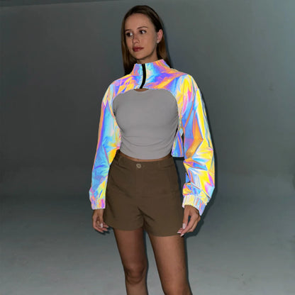 Reflective Colourful Short Jacket - Women Crop Top Long Sleeve Stand Spring Autumn Coat Jackets LUNARITY GARAGE