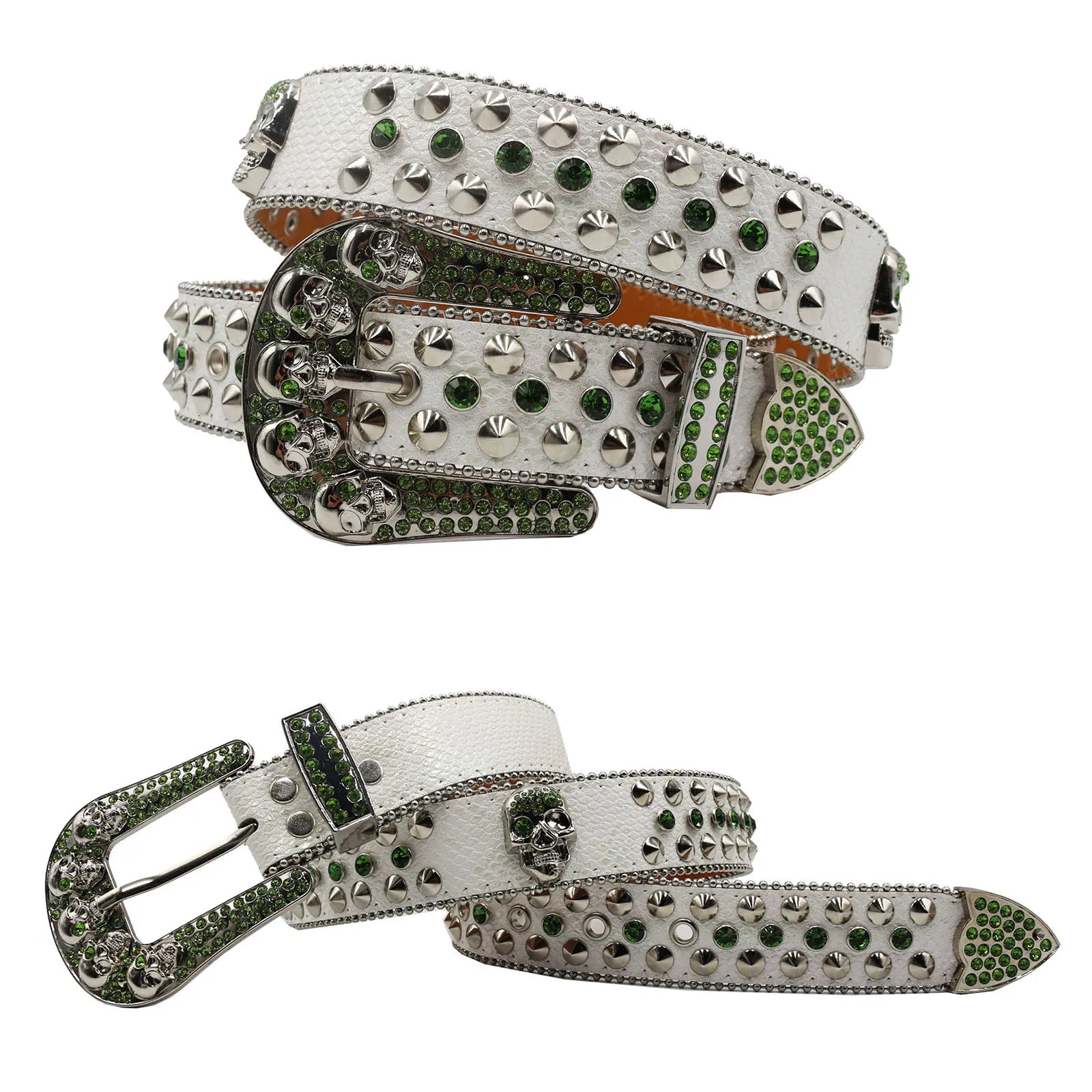 Skull Rhinestone Cowboy Belt – European & American Style Pin Buckle belt LUNARITY GARAGE JD-5Skull-Green 125cm