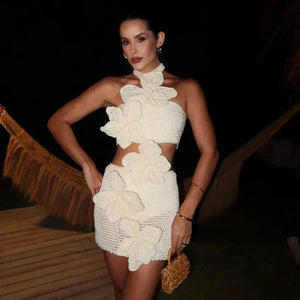 Beach Knit 3D Flower Mini Dress | Sexy Hollow Out Sleeveless Backless Halter Dress for Summer Holiday Dress LUNARITY GARAGE