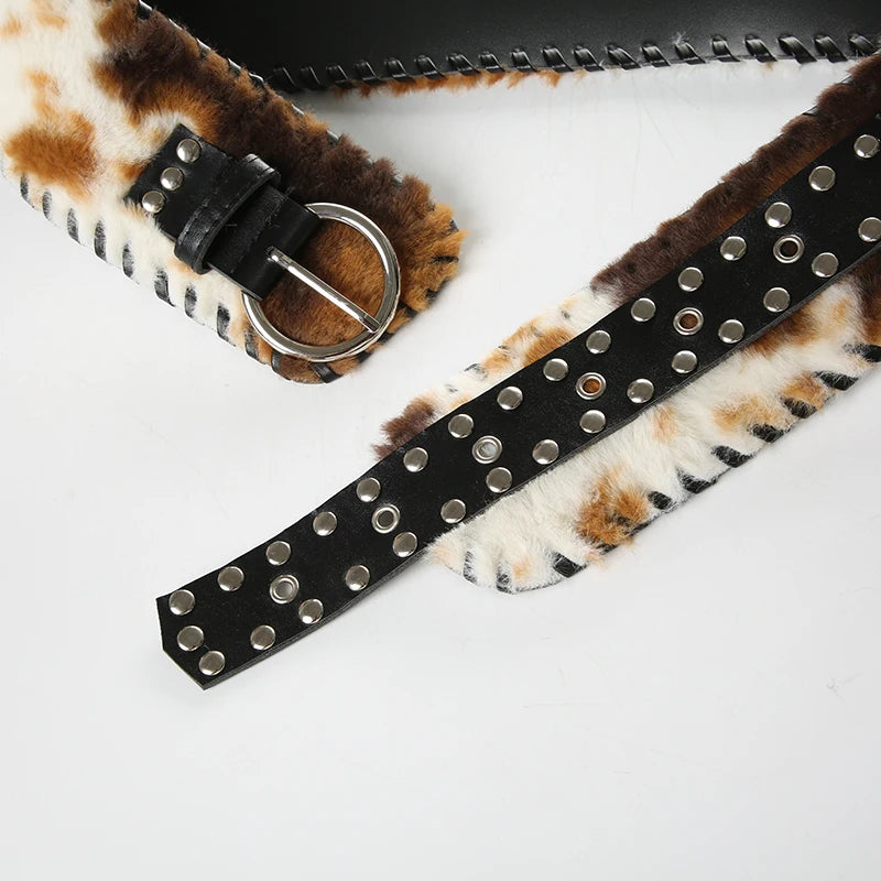 Y2K Vintage Faux Fur Patchwork Belt - Punk Western Cowboy Waistband Accessory Belt LUNARITY GARAGE