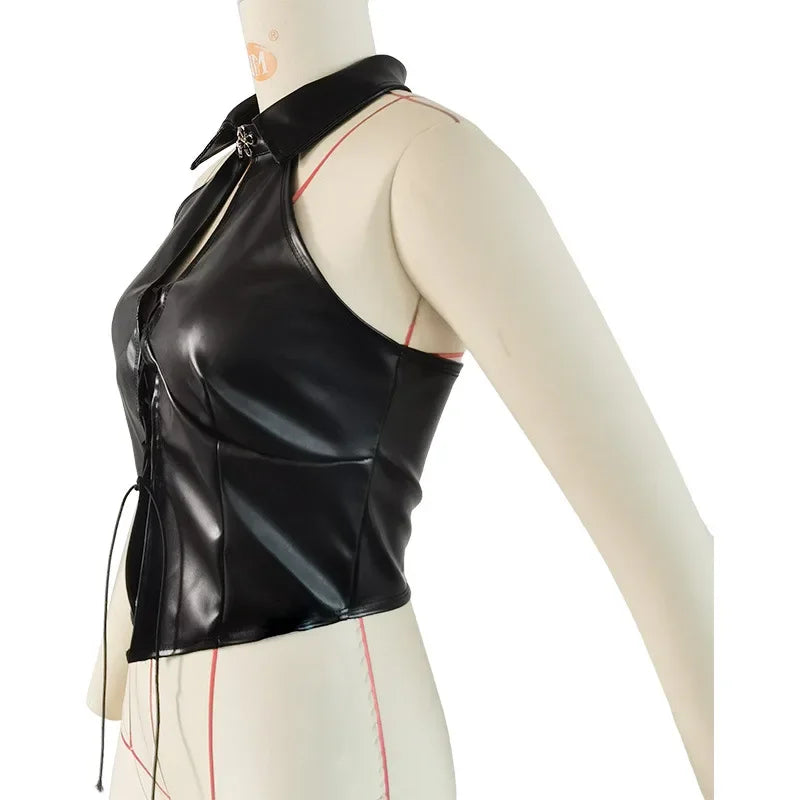 Sexy PU Imitation Leather Tank Top – Bold, Backless Cross Bandage Crop Top Tank top Lunarity Garage