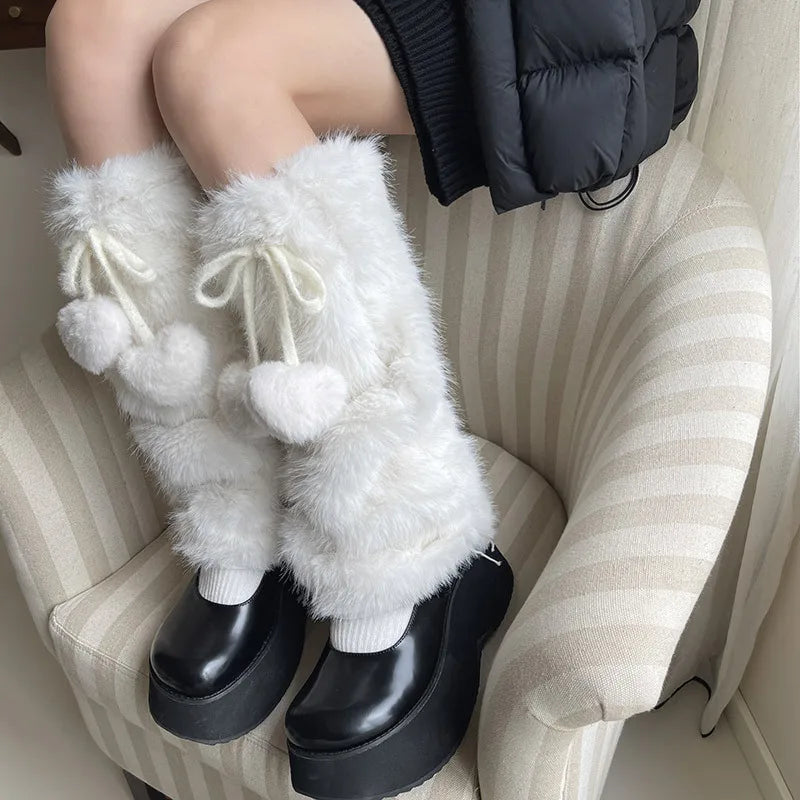 JK White Bow Tie Leg Warmers with Faux Rabbit Fur Ball – Thick Plush Y2K Winter Boots Cover Socks Leg Warmers LUNARITY GARAGE