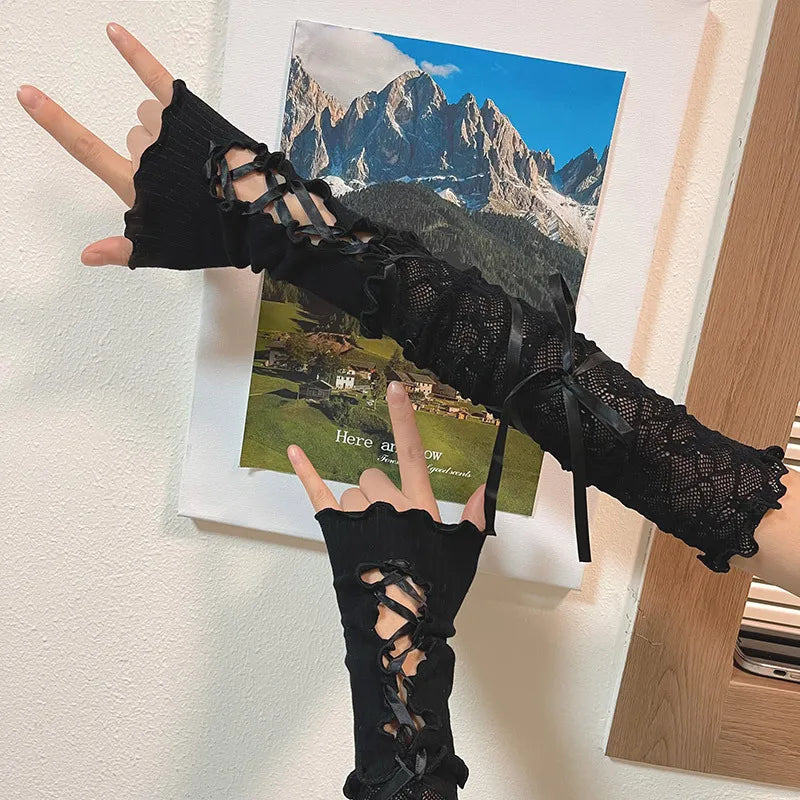 Women Lolita JK Lace Fingerless Gloves - Gothic Strapping Mesh Sunscreen Sleeves Gloves Lunarity Garage   