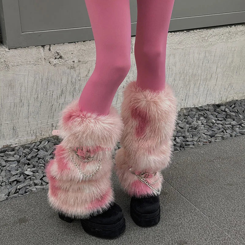 Winter Leopard Print Faux Fur Leg Warmers – Y2K Plush Punk Chain PU Belt, Harajuku Thickened Boots Cover, Fluffy Socks Leg warmer LUNARITY GARAGE