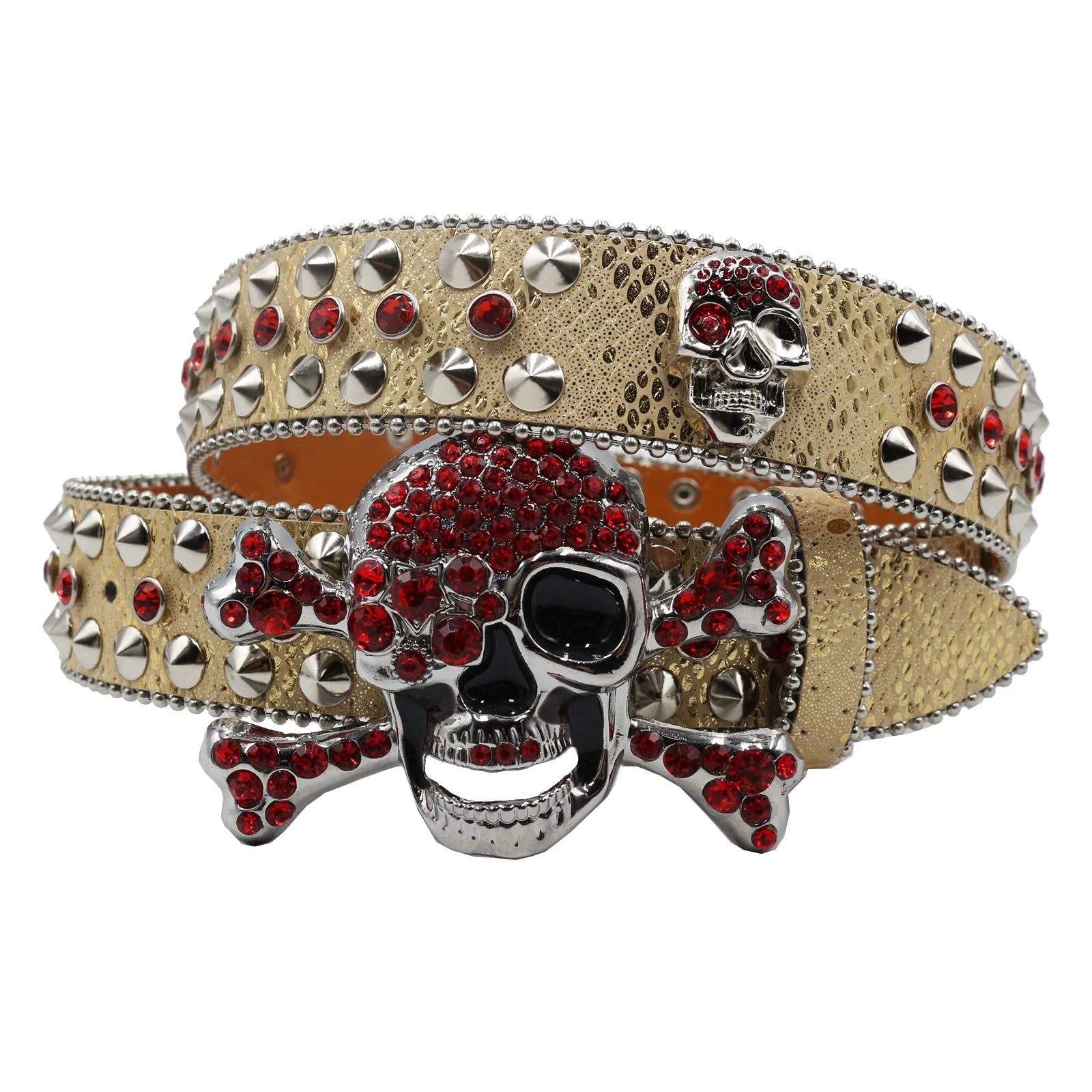 Skull Rhinestone Cowboy Belt – European & American Style Pin Buckle belt LUNARITY GARAGE JD-KLT-Red 115CM
