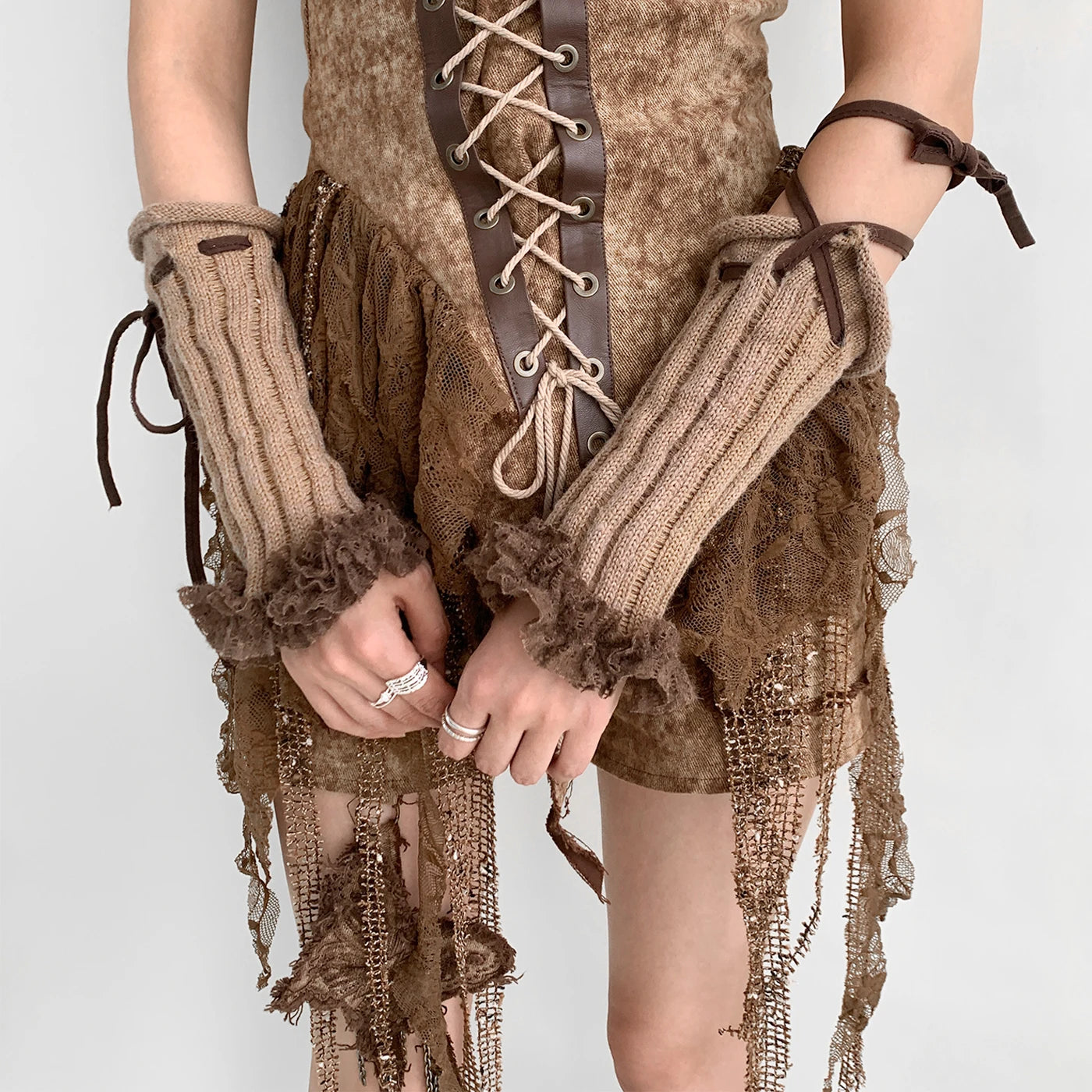 Y2K Lace Knit Fingerless Gloves with Tied Cuffs – Punk Women’s Strap Hand Sleeves, Gothic Lolita & JK Style Accessories Gloves LUNARITY GARAGE brown one size