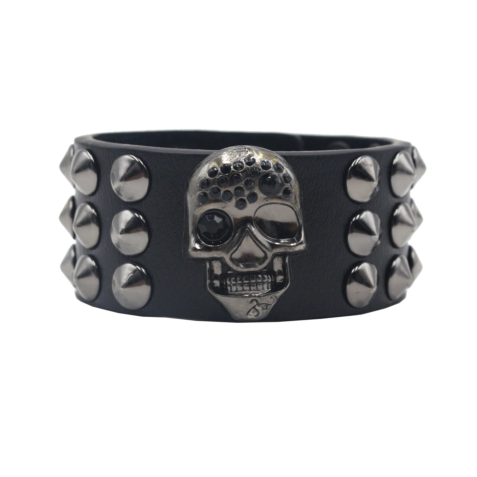 Skull Cross Rivet Wide Cuff Bracelet – Genuine Leather Punk Rock Bangle Bracelets LUNARITY GARAGE Skull02