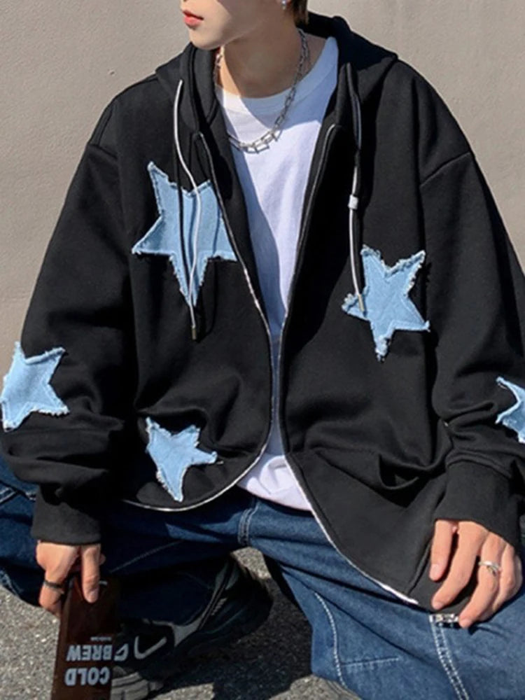 Emo Star Patch Oversized Zip-Up Hoodie – Y2K Vintage Streetwear Jackets Lunarity Garage