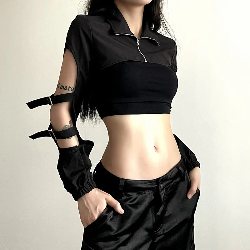 Cyber Techwear Zip-Up Turtleneck Hollow-Out Cargo Crop