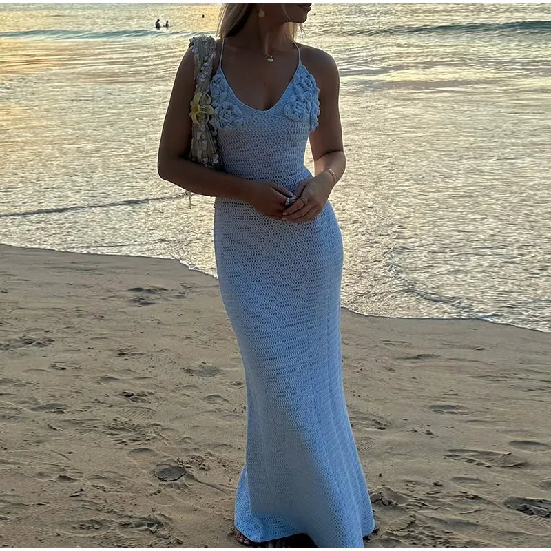 Sexy Knit 3D Flower Long Halter Dress | Slim Beach Sleeveless Backless Hollow Out Robe for Summer Vacation Parties Dress LUNARITY GARAGE